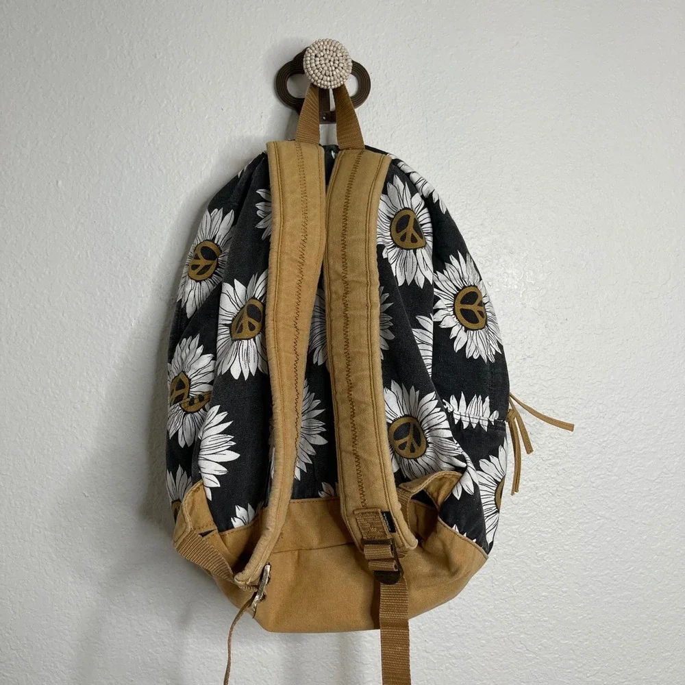 O'Neill Sunflower Peace Sign Canvas Backpack Black Tan Boho Surf Daypack